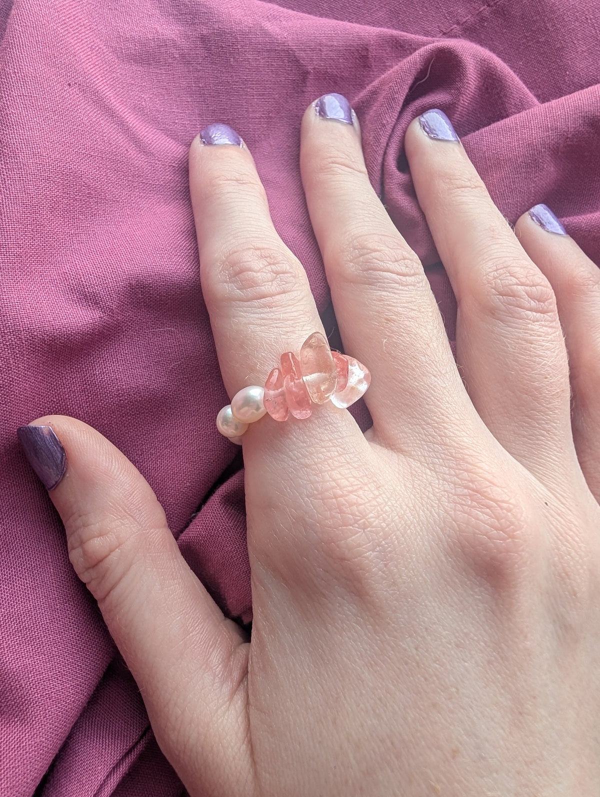Delicate Freshwater Pearl & Cherry Quartz Stretch Ring - Handmade, Adjustable, Natural Gemstone Jewellery