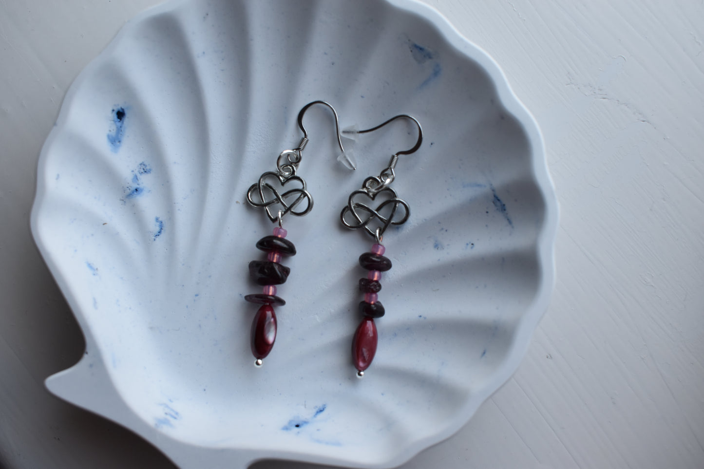 Garnet & Celtic Heart Drop Earrings
