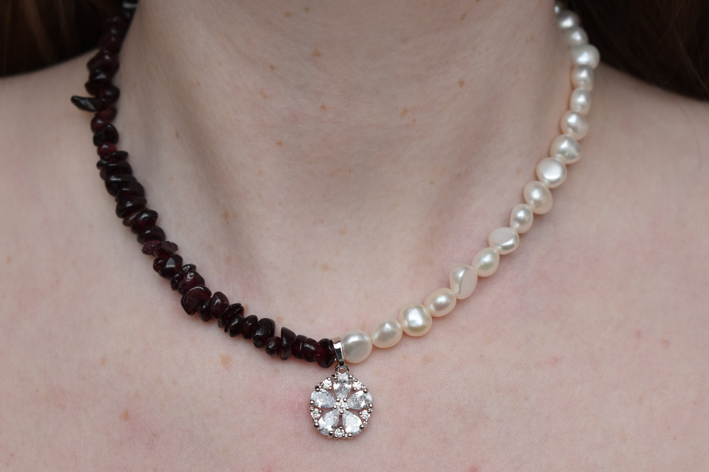 Garnet & Pearl Asymmetrical Sterling Silver Necklace with Cubic Zirconia Pendant