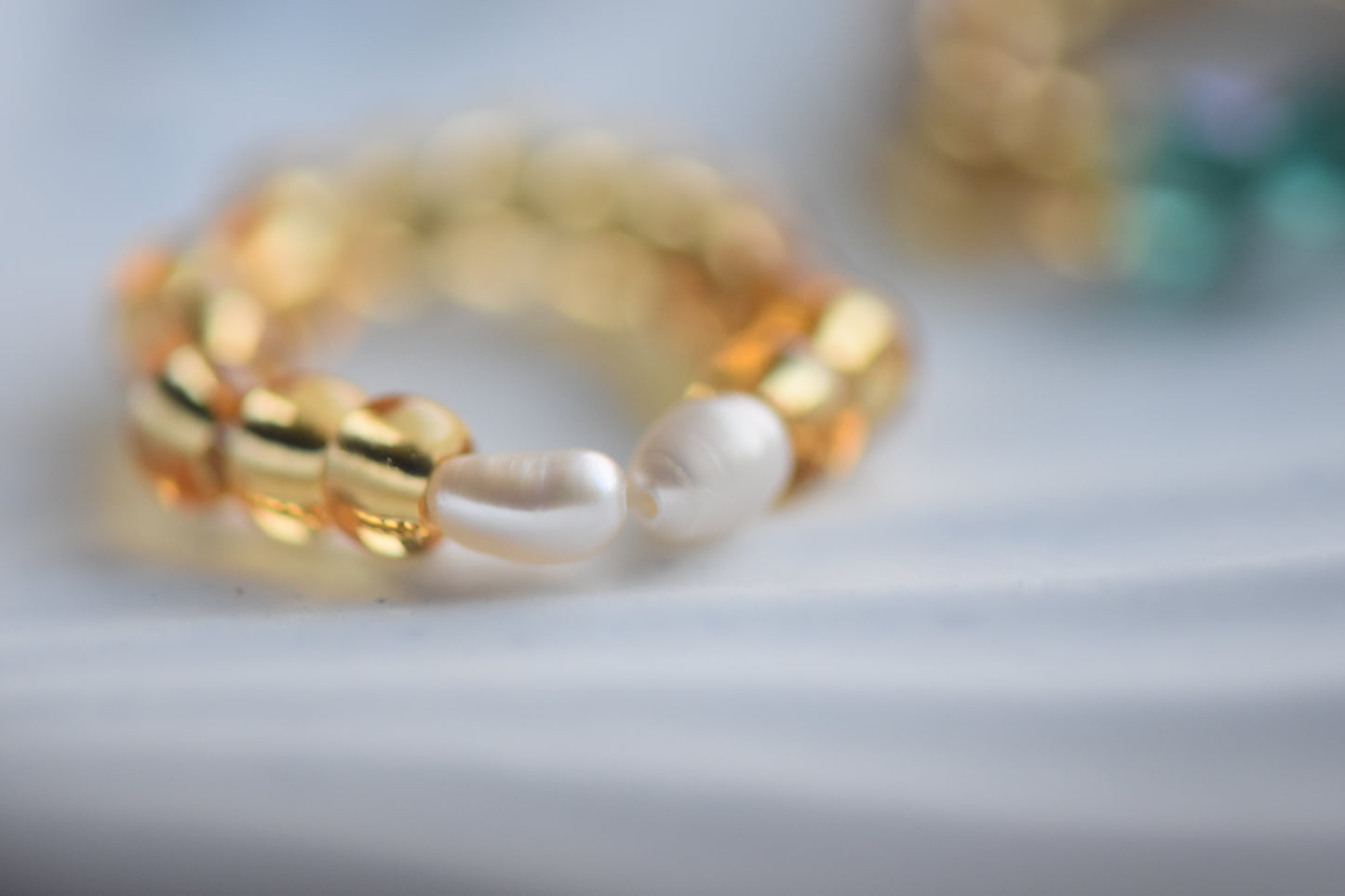 Handmade Two-Ring Bundle - Seed Bead Rings with Pearls & Emerald Glass - Adjustable Fit
