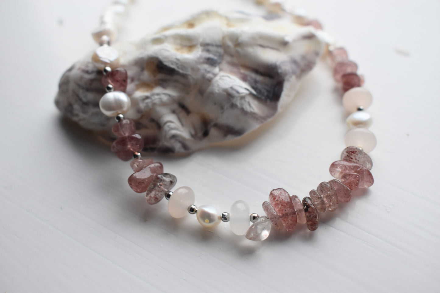 Layered Freshwater Pearl & Strawberry Quartz Necklace 15"
