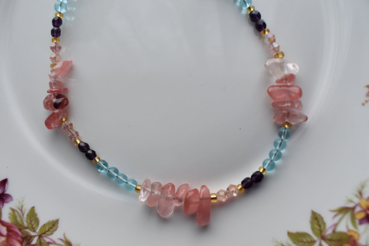 Blue Glass, Cherry Quartz & Crystal Accents - 15'' Handmade Jewellery - Sectioned Beaded Necklace