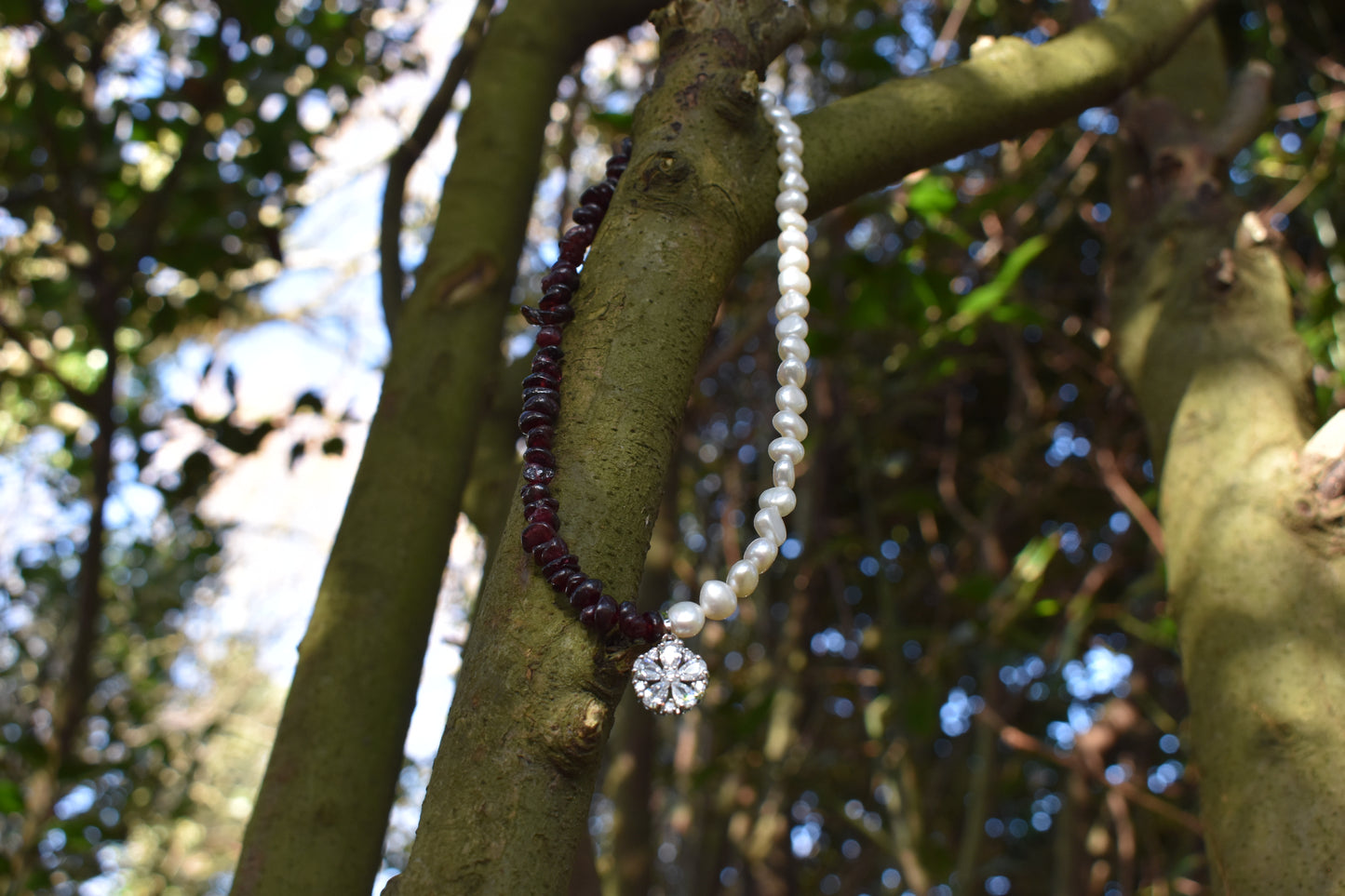 Garnet & Pearl Asymmetrical Sterling Silver Necklace with Cubic Zirconia Pendant