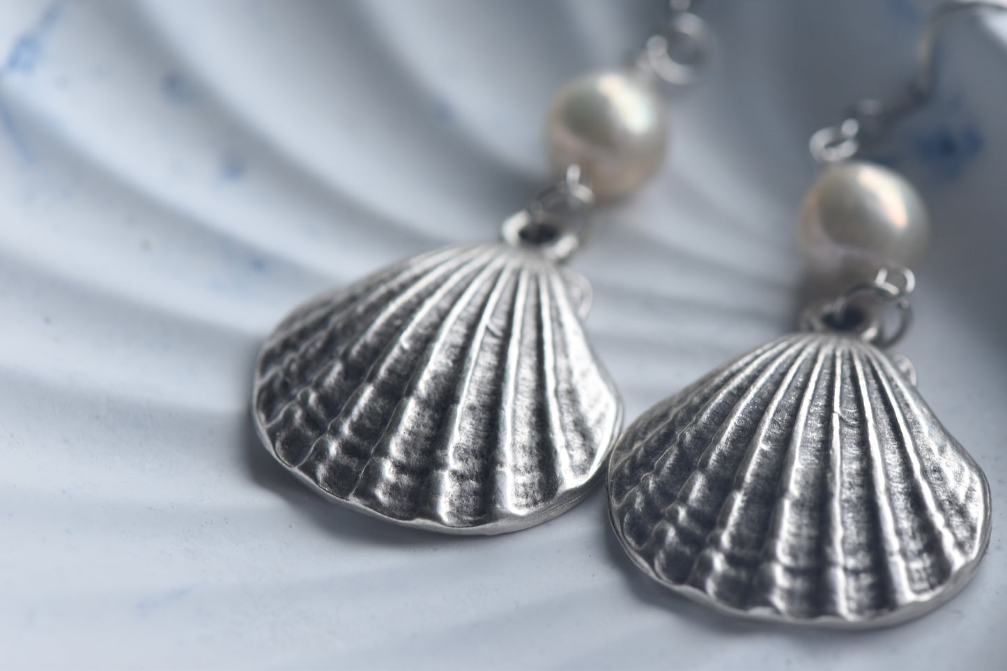 Silver Seashell & Pearl Drop Earrings
