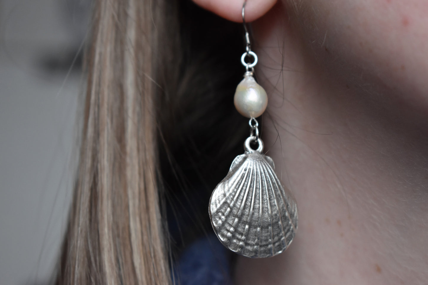 Silver Seashell & Pearl Drop Earrings