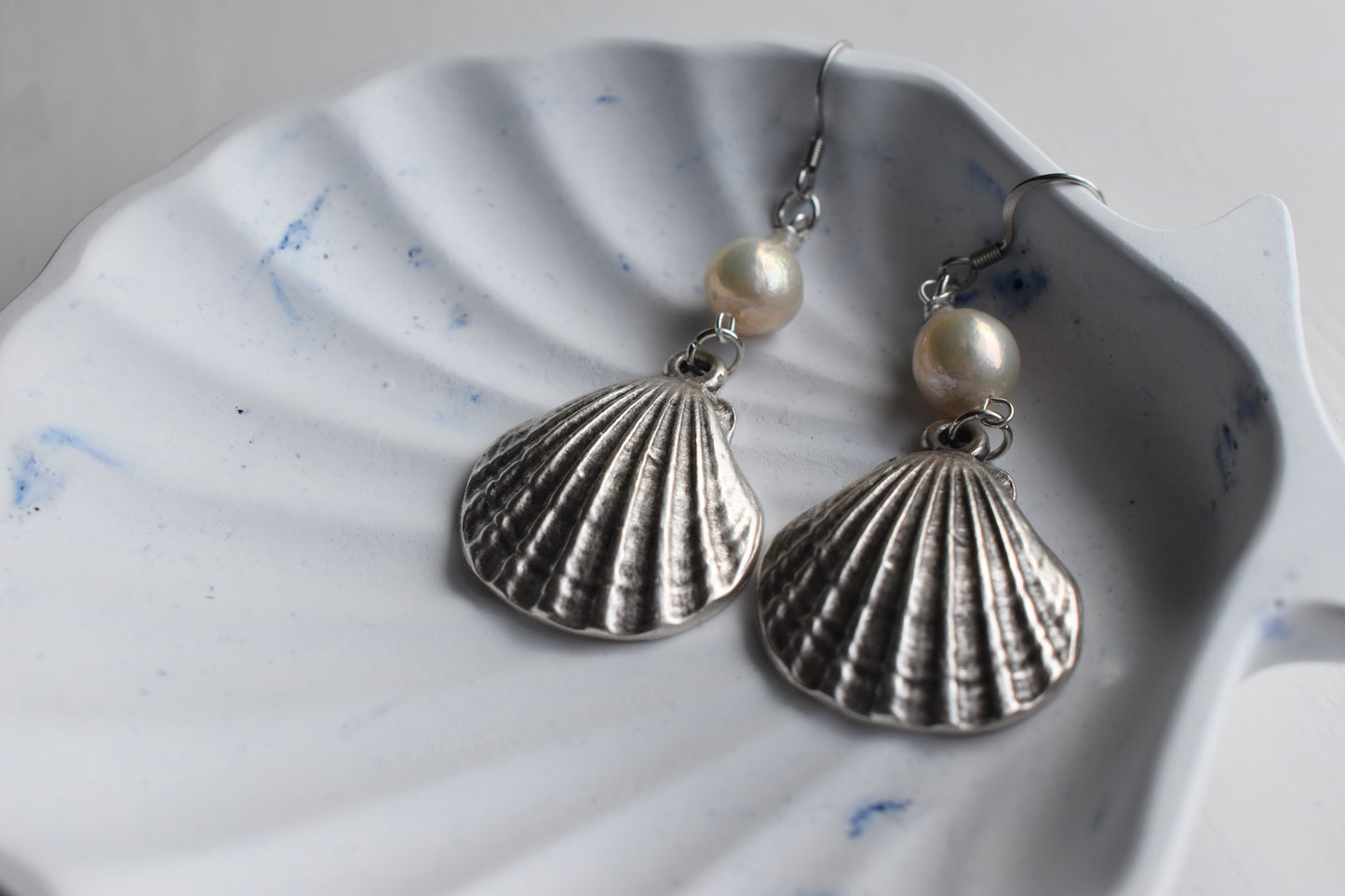 Silver Seashell & Pearl Drop Earrings