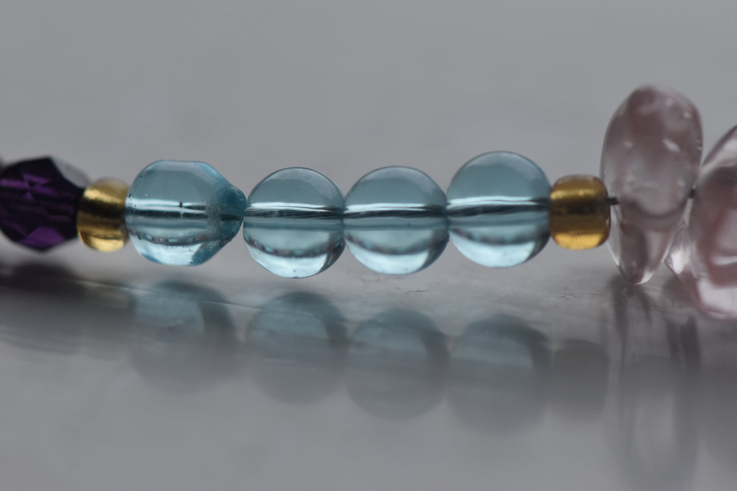 Blue Glass, Cherry Quartz & Crystal Accents - 15'' Handmade Jewellery - Sectioned Beaded Necklace