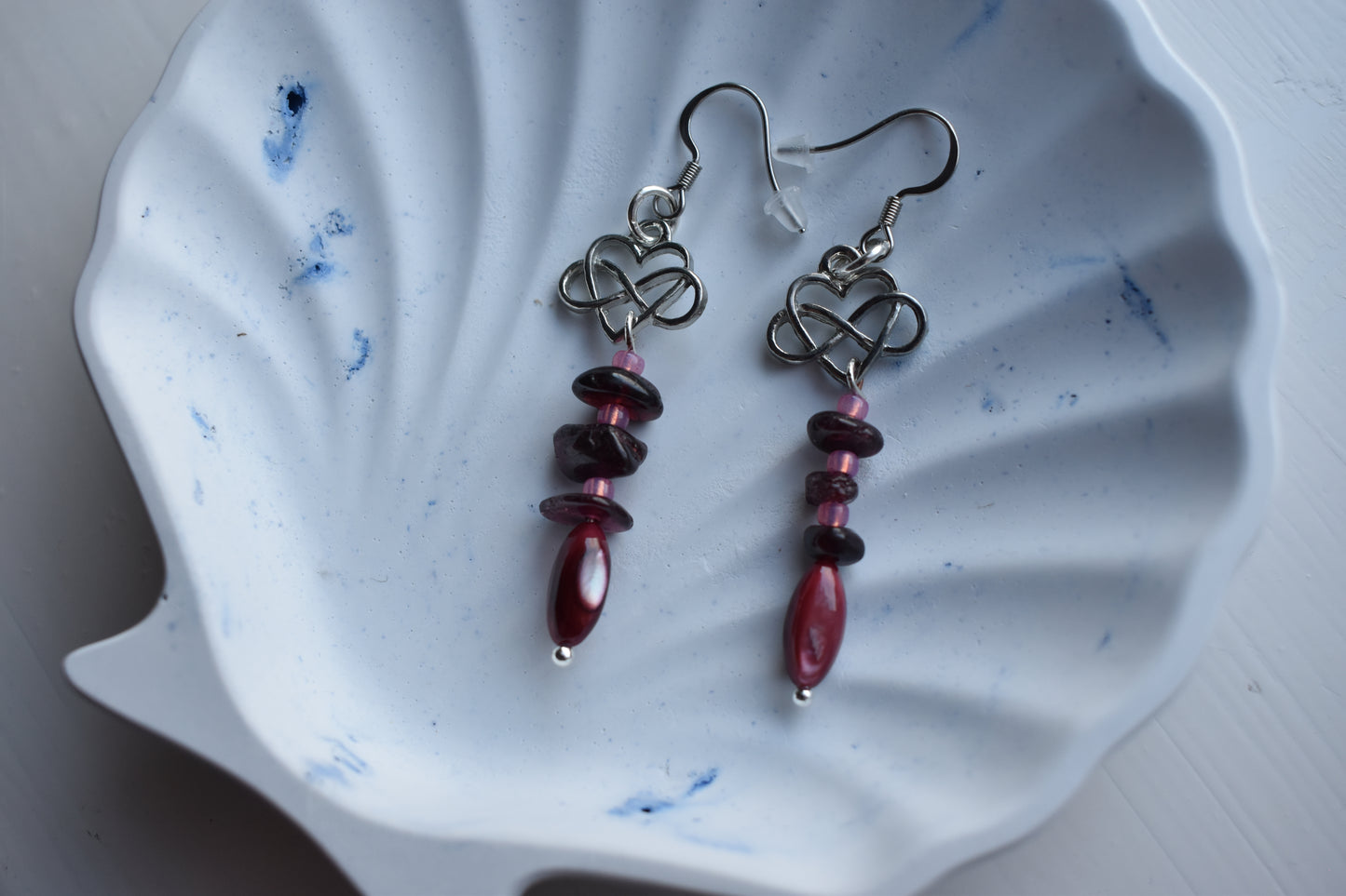 Garnet & Celtic Heart Drop Earrings
