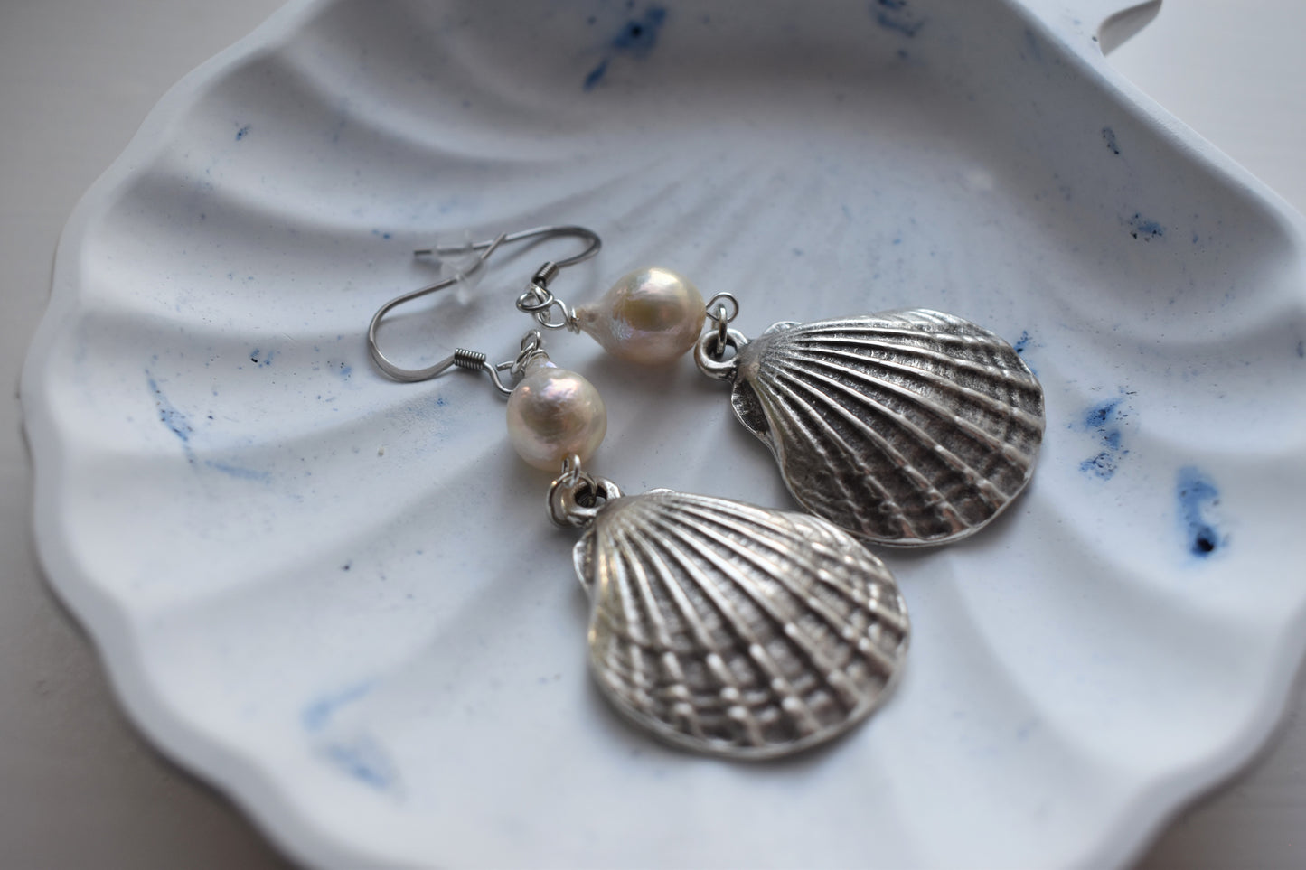 Silver Seashell & Pearl Drop Earrings