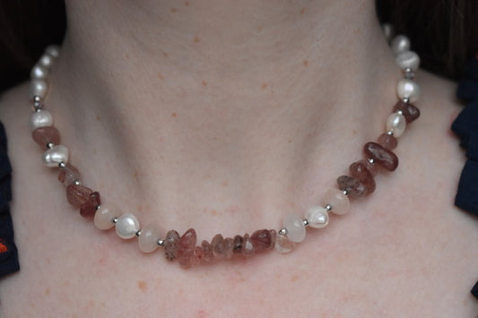 Layered Freshwater Pearl & Strawberry Quartz Necklace 15"