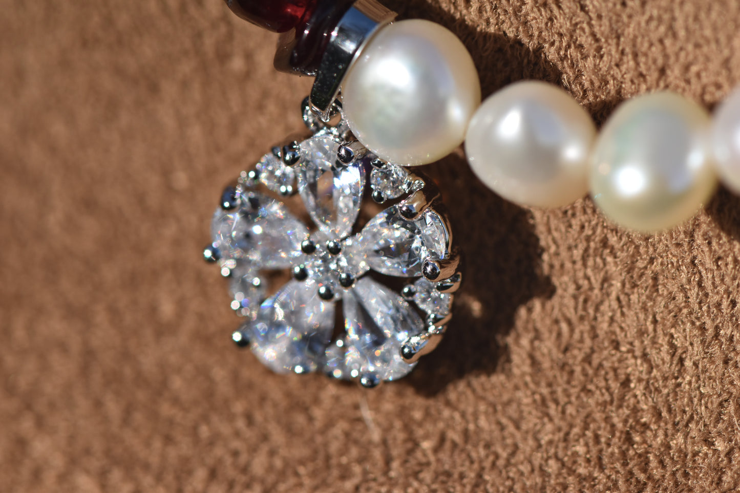 Garnet & Pearl Asymmetrical Sterling Silver Necklace with Cubic Zirconia Pendant