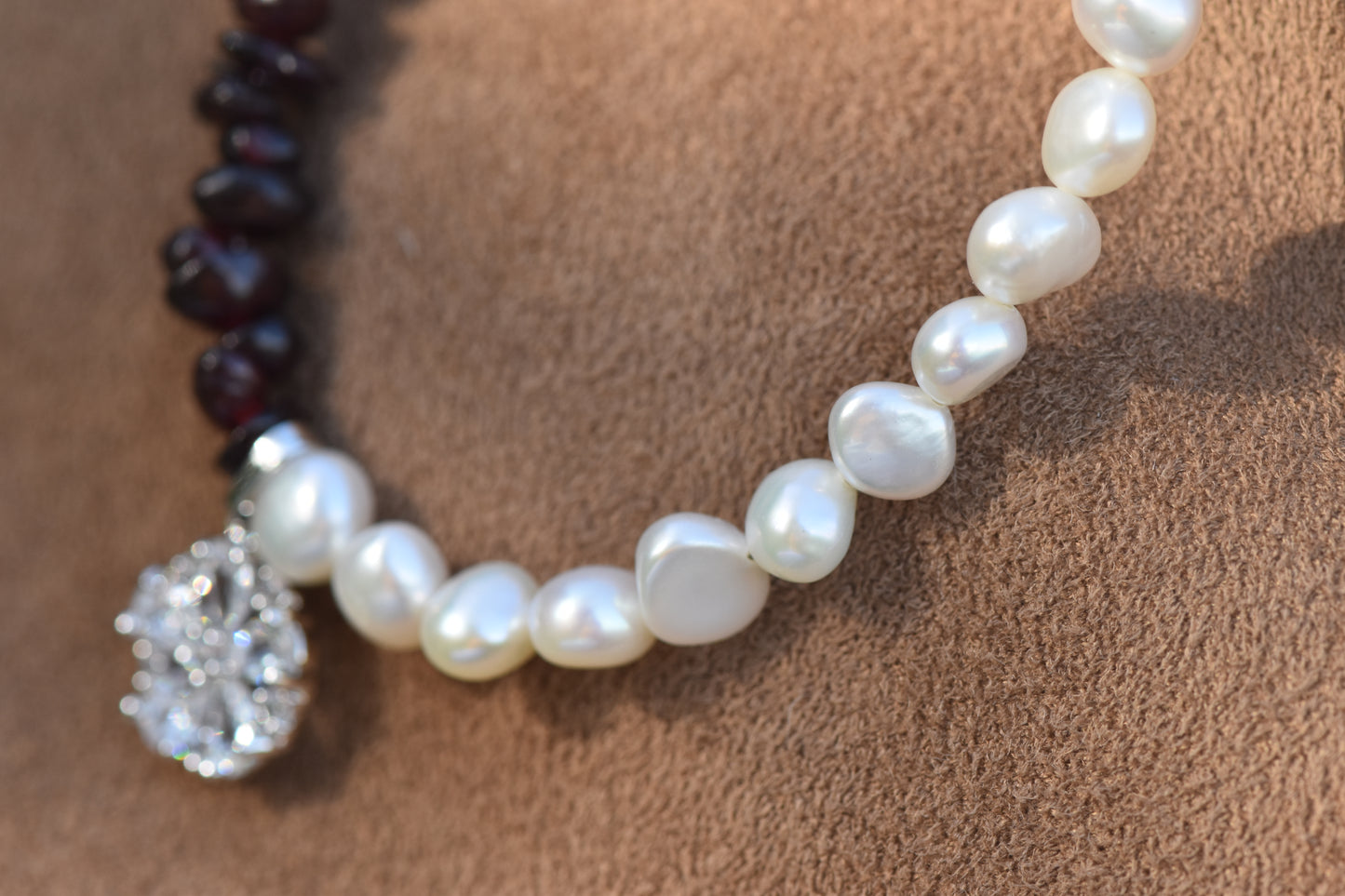 Garnet & Pearl Asymmetrical Sterling Silver Necklace with Cubic Zirconia Pendant