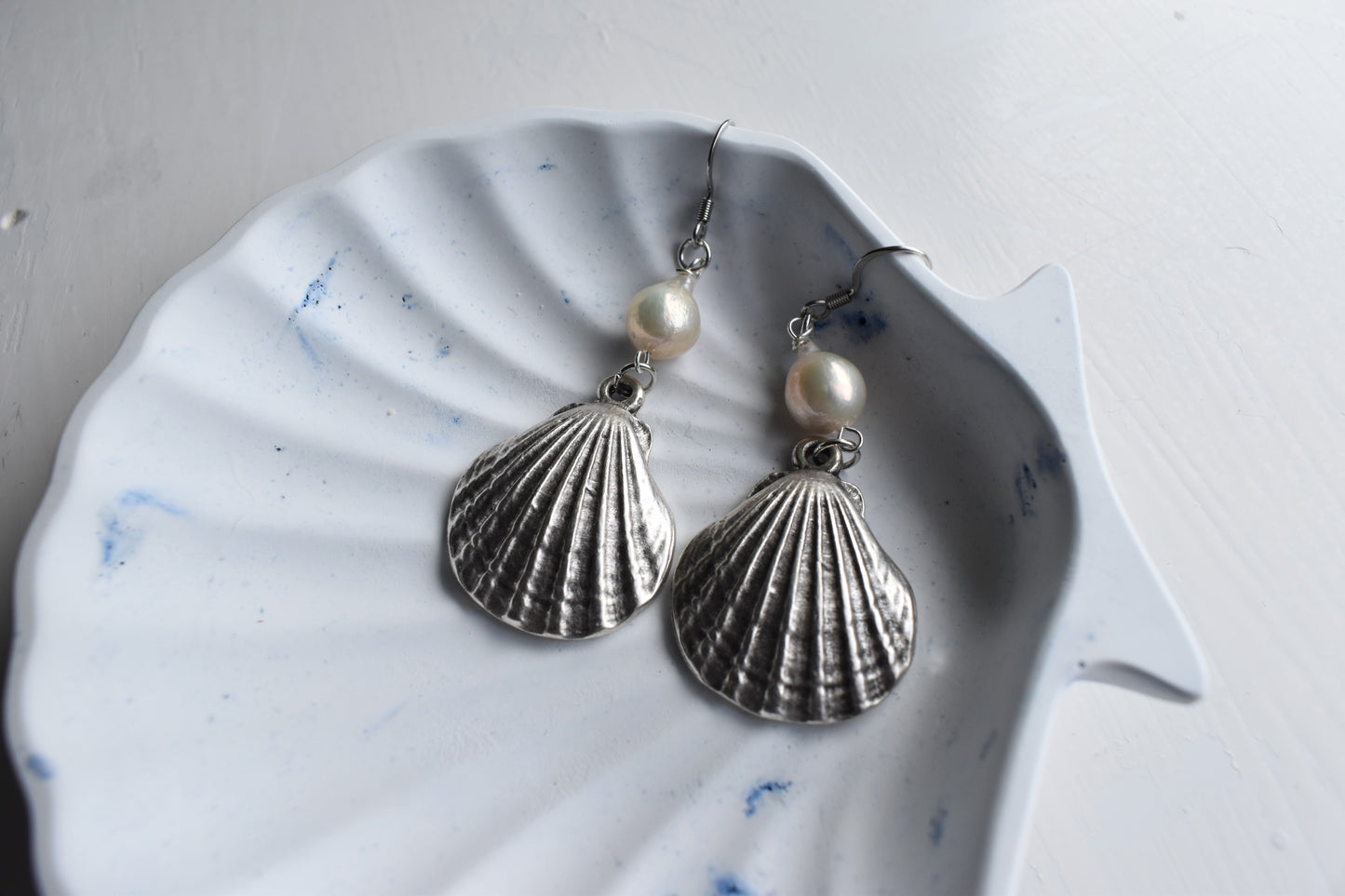 Silver Seashell & Pearl Drop Earrings